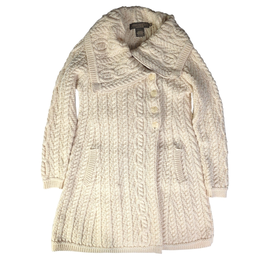 Inis Crafts Chunky Cream Wool  Longline Cardigan size - Picture 7 of 15